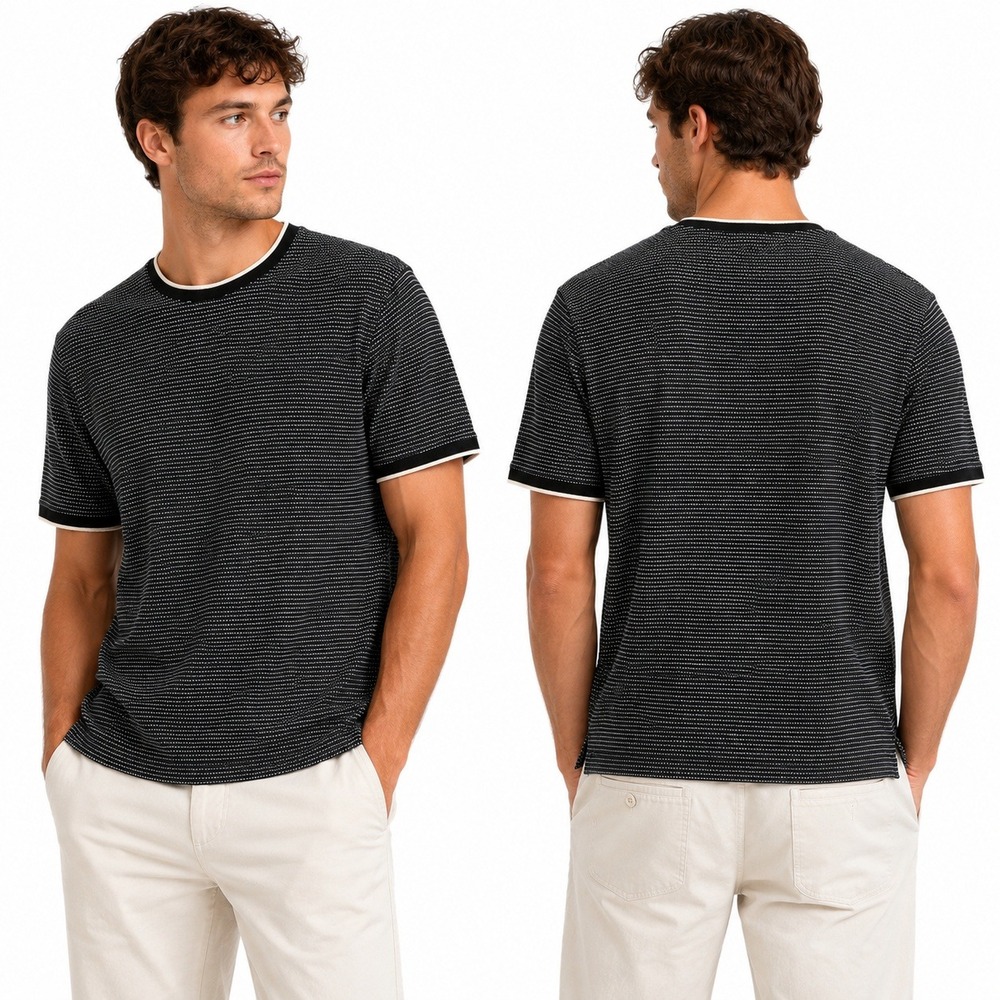 Express‎ Shirt Mens Large Relaxed Short Sleeve Knit Stripe Ringer Black White